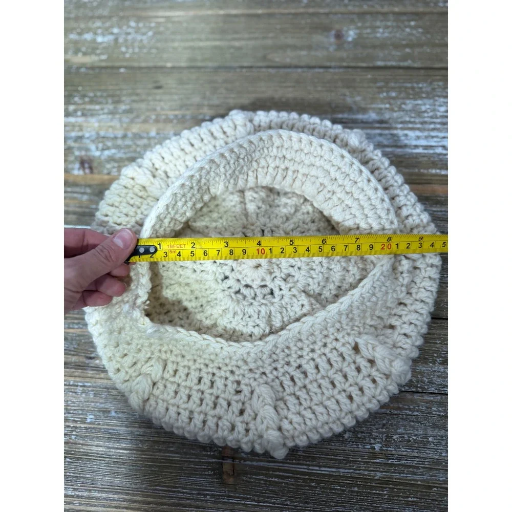 Vintage Handmade Crochet‎ Beret Hat Cream Off White Chunky Knit Tam Newsboy Boho